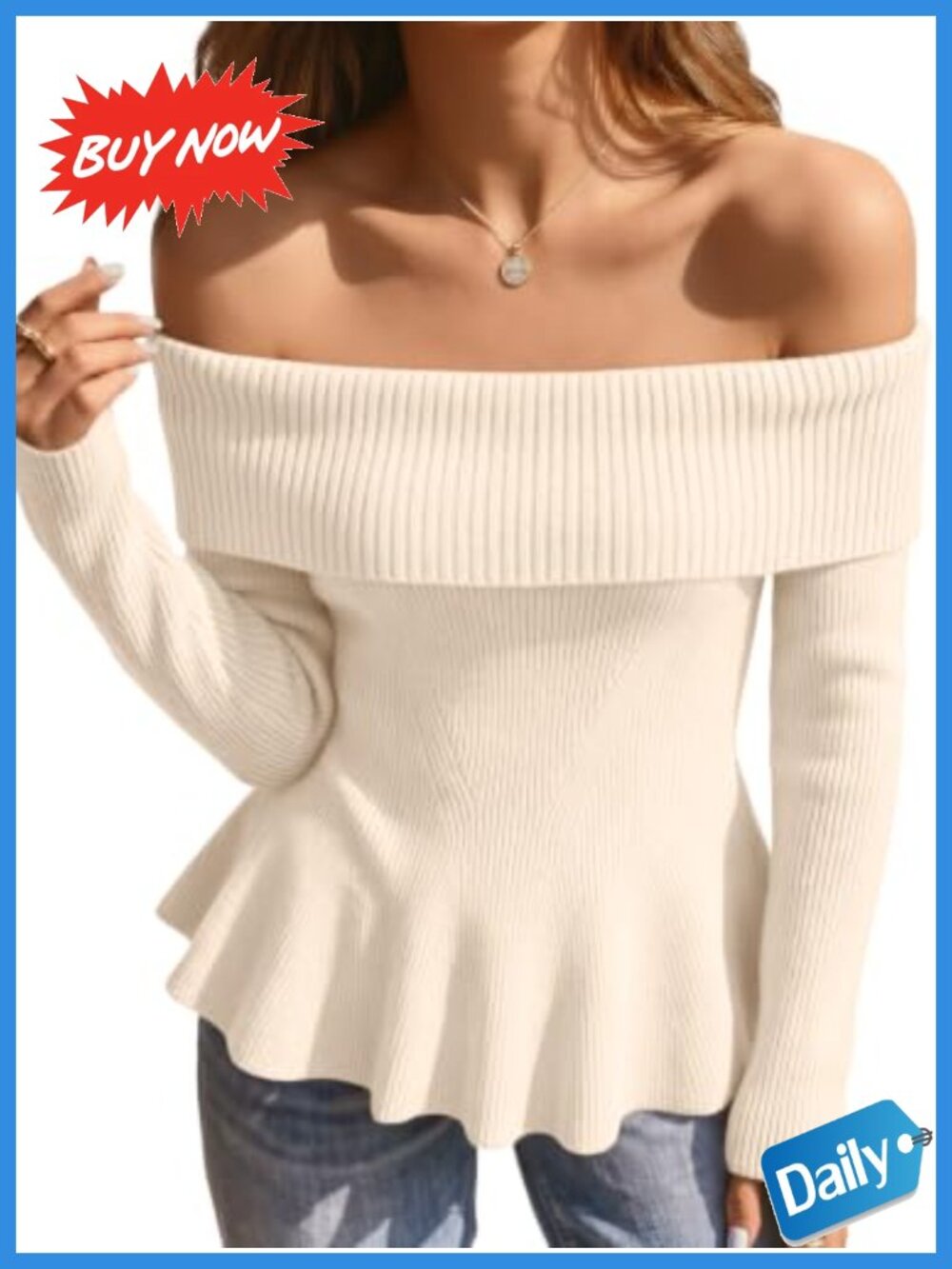 Off Shoulder Babydoll Sweater Ribbed Knit Pullover for Women